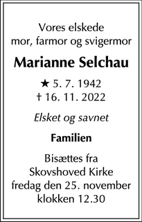 Dødsannoncen for Marianne Selchau - Charlottenlund