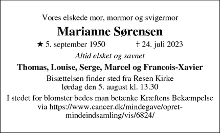 Dødsannoncen for Marianne Sørensen - KBH S