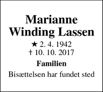 Dødsannoncen for Marianne Winding Lassen - Sondrup