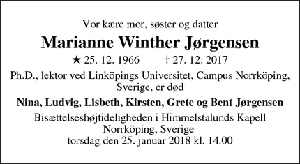 Dødsannoncen for Marianne Winther Jørgensen - Norrköping, Sverige