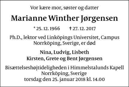 Dødsannoncen for Marianne Winther Jørgensen - Norrköping, Sverige