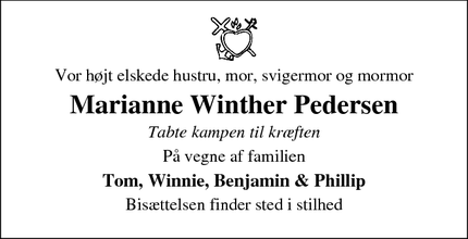 Dødsannoncen for Marianne Winther Pedersen - Gershøj