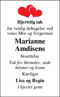 Dødsannoncen for Marianne
Amdisens - Esbjerg N