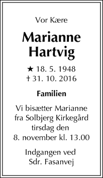 Dødsannoncen for Marianne
Hartvig - Frederiksberg