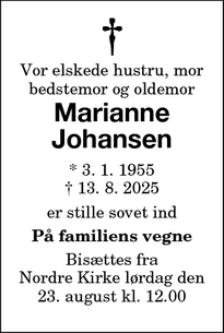 Dødsannoncen for Marianne
Johansen - Nykøbing F