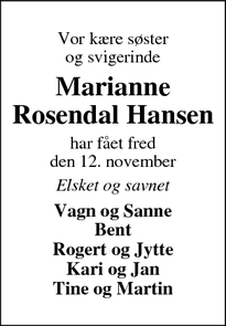 Dødsannoncen for Marianne
Rosendal Hansen - Broby