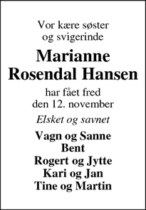 Dødsannoncen for Marianne
Rosendal Hansen - Broby