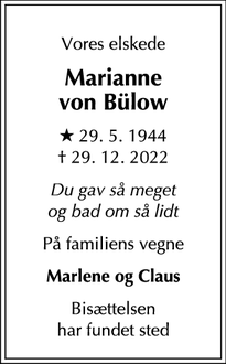 Dødsannoncen for Marianne
von Bülow - København