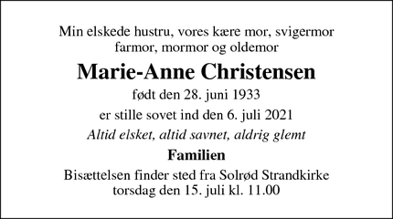 Dødsannoncen for Marie-Anne Christensen - Køge