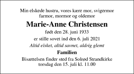 Dødsannoncen for Marie-Anne Christensen - Køge