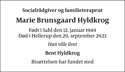 Dødsannoncen for Marie Brunsgaard Hyldkrog - Hellerup