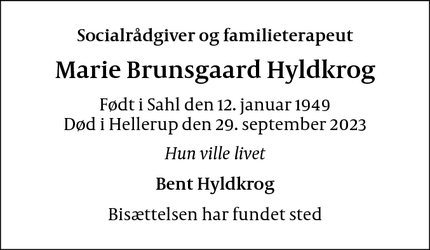 Dødsannoncen for Marie Brunsgaard Hyldkrog - Hellerup