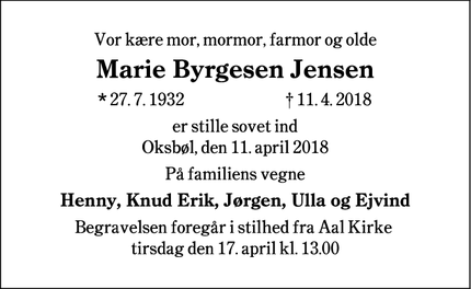 Dødsannoncen for Marie Byrgesen Jensen - Oksbøl