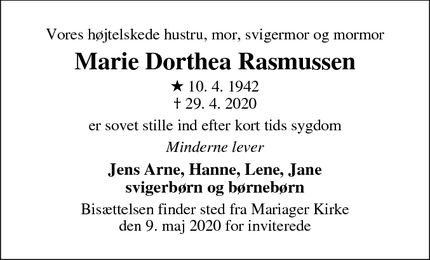 Dødsannoncen for Marie Dorthea Rasmussen - Mariager