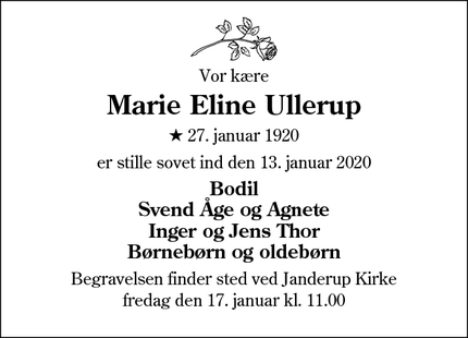 Dødsannoncen for Marie Eline Ullerup - 6851 Janderup 