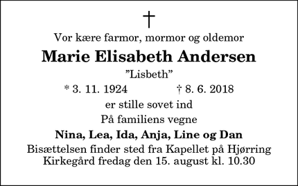 Dødsannoncen for Marie Elisabeth Andersen - Hjørring