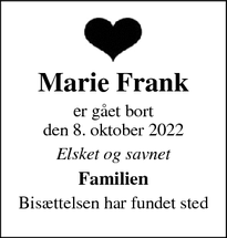 Dødsannoncen for Marie Frank - Sønderborg