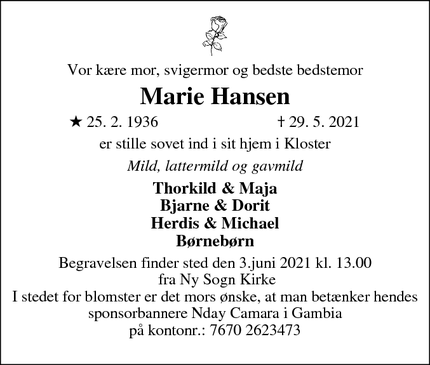 Dødsannoncen for Marie Hansen - Kloster 