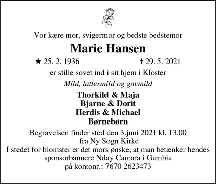 Dødsannoncen for Marie Hansen - Kloster 