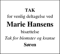 Taksigelsen for Marie Hansens - Sorø