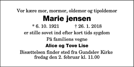 Dødsannoncen for Marie jensen - 4840 gundslev
