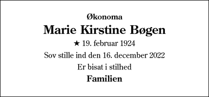 Dødsannoncen for Marie Kirstine Bøgen - Tønder