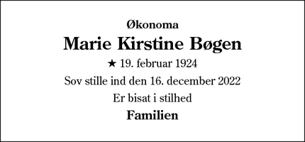 Dødsannoncen for Marie Kirstine Bøgen - Tønder