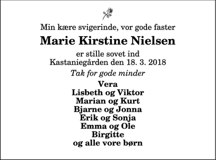 Dødsannoncen for Marie Kirstine Nielsen - SNEDSTED