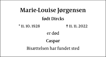Dødsannoncen for Marie-Louise Jørgensen - København K