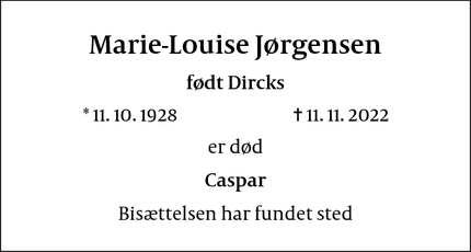 Dødsannoncen for Marie-Louise Jørgensen - København K