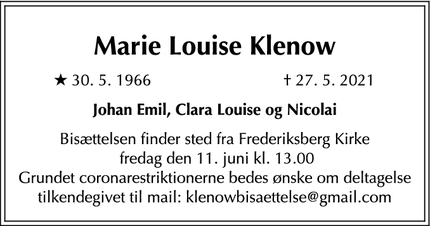 Dødsannoncen for Marie Louise Klenow - Frederiksberg