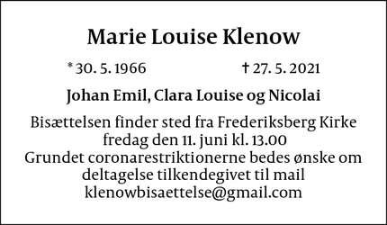 Dødsannoncen for Marie Louise Klenow - Frederiksberg