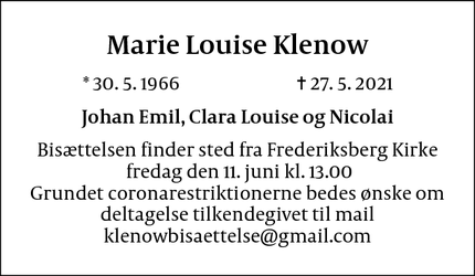 Dødsannoncen for Marie Louise Klenow - Frederiksberg