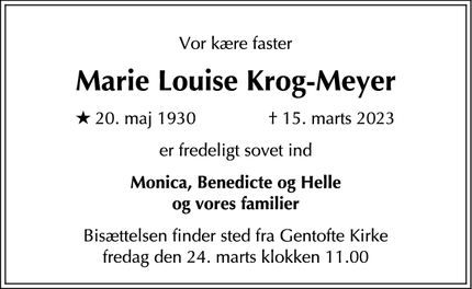 Dødsannoncen for Marie Louise Krog-Meyer - Charlottenlund