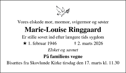 Dødsannoncen for Marie-Louise Ringgaard - København S