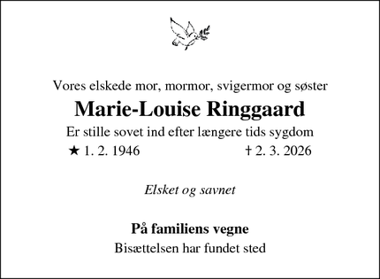 Dødsannoncen for Marie-Louise Ringgaard - København S