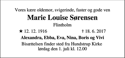 Dødsannoncen for Marie Louise Sørensen - Hundstrup