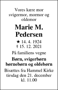 Dødsannoncen for Marie M. Pedersen - BEDER
