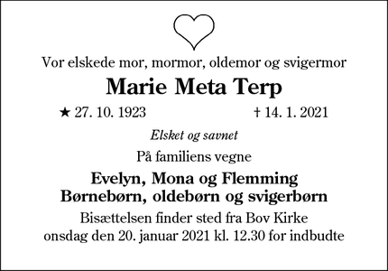 Dødsannoncen for Marie Meta Terp - Padborg