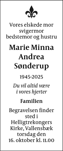 Dødsannoncen for Marie Minna
Andrea
Sønderup - Ishøj