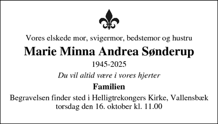 Dødsannoncen for Marie Minna
Andrea
Sønderup - Ishøj