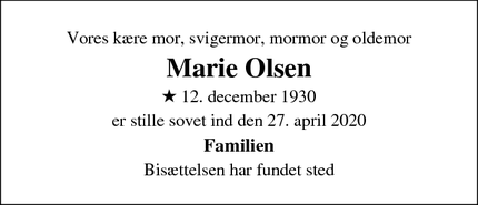 Dødsannoncen for Marie Olsen - Taastrup
