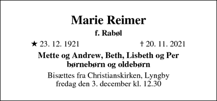Dødsannoncen for Marie Reimer - Lyngby