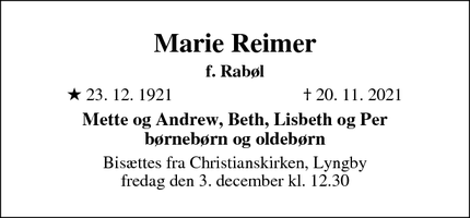 Dødsannoncen for Marie Reimer - Lyngby