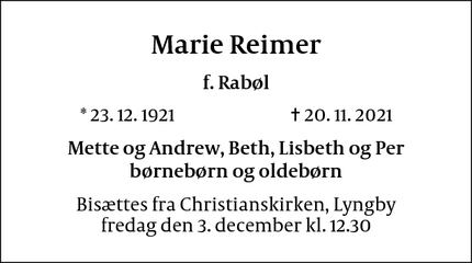 Dødsannoncen for Marie Reimer - Lyngby