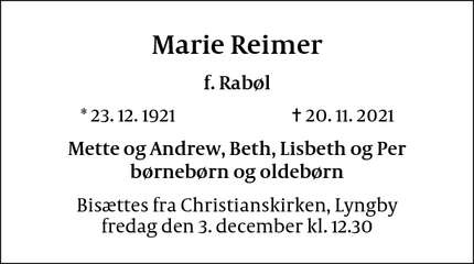 Dødsannoncen for Marie Reimer - Lyngby