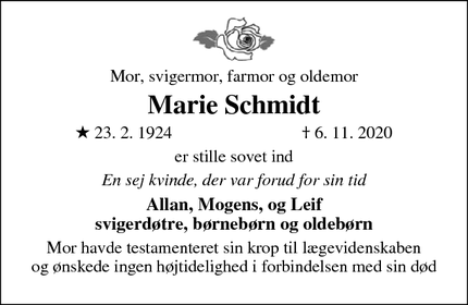 Dødsannoncen for Marie Schmidt - Nyborg