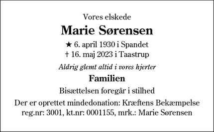 Dødsannoncen for Marie Sørensen - KERTEMINDE