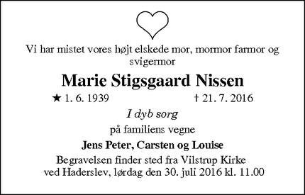 Dødsannoncen for Marie Stigsgaard Nissen - Haderslev