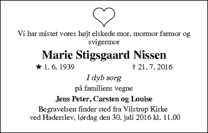 Dødsannoncen for Marie Stigsgaard Nissen - Haderslev